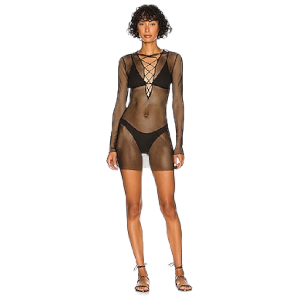 WeWoreWhat Lace Up Fishnet Mini Cover Up Dress Black Women’s Small